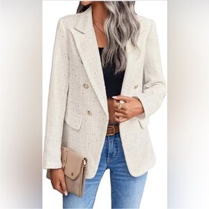 NEW Mina Self White Cream Tweed Blazer Jacket Gold Buttons Class Chanel Size XL